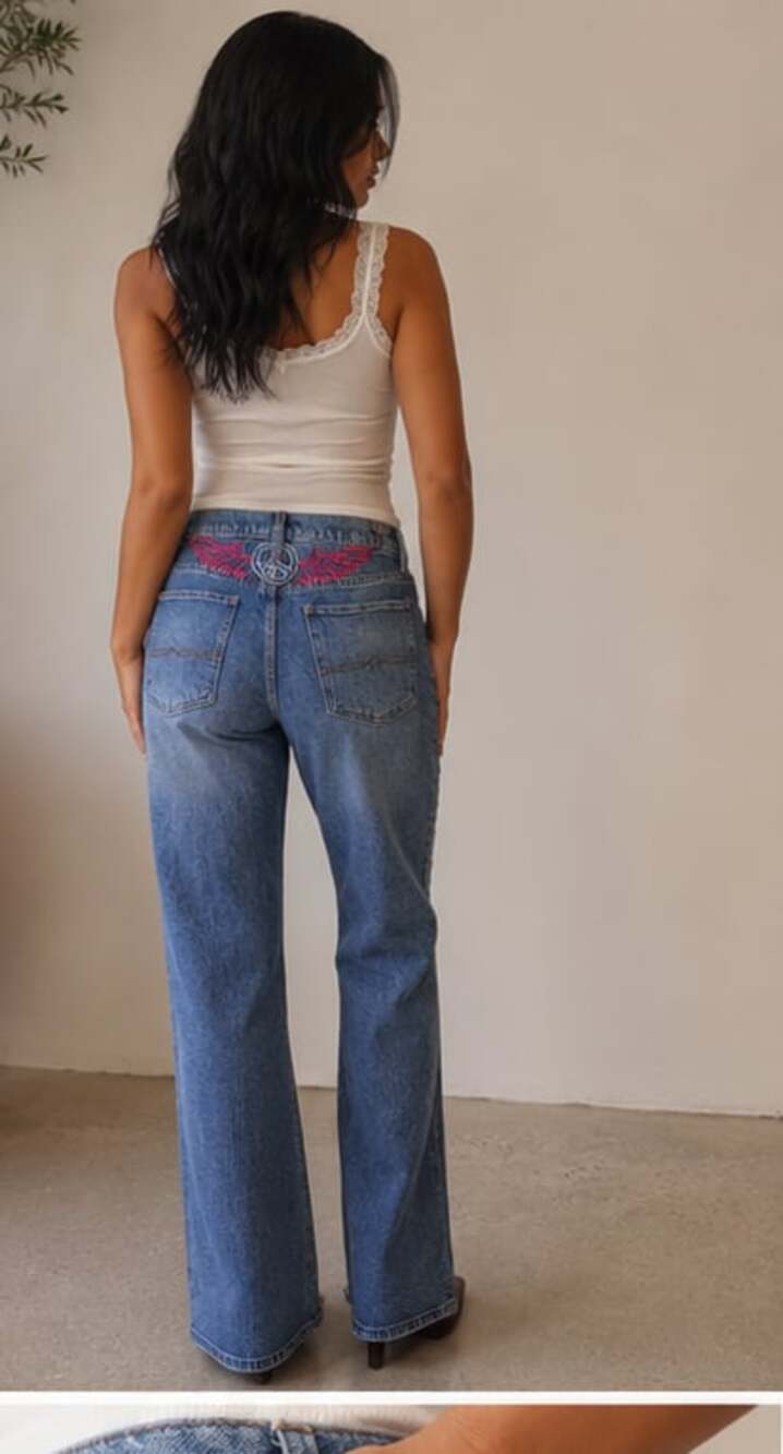 Lucky Legend Distressed Wide Leg Jeans with Studded Peace Sign Size 12